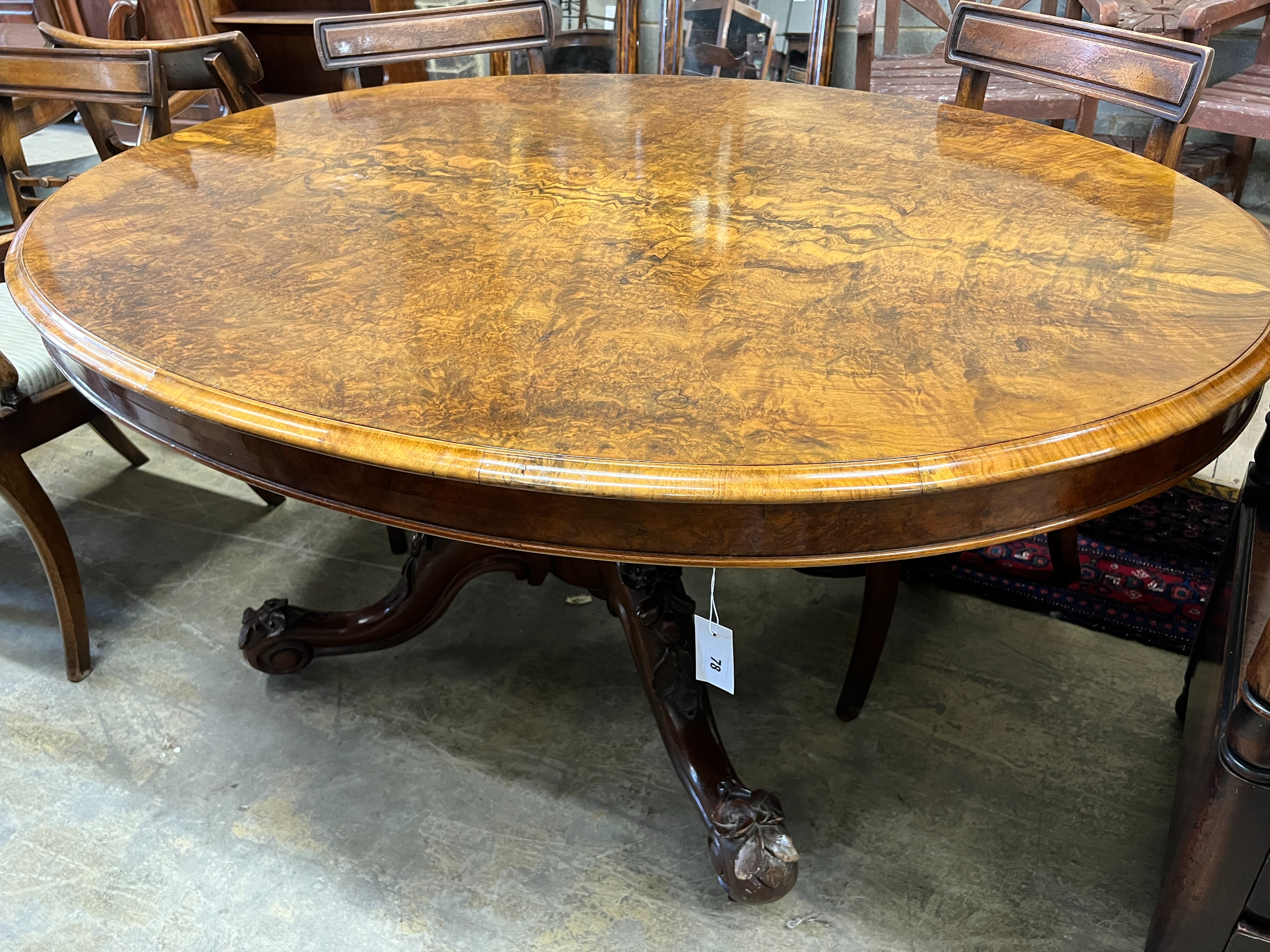 A Victorian oval burr walnut loo table, length 150cm, width 109cm, height 71cm